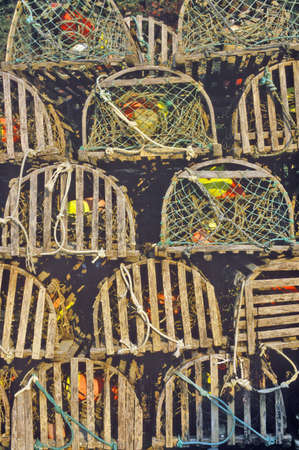 Stacks of lobster traps, Muscongus Bay in New Harbor, MEのeditorial素材