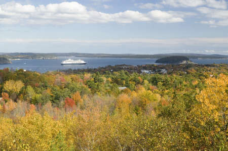 Autumn view from 1530 foot high Cadillac Mountain with views of the Porcupine Islands, Frenchman Bay and Holland America cruise ship in harbor, Acadia national Park, Maineのeditorial素材