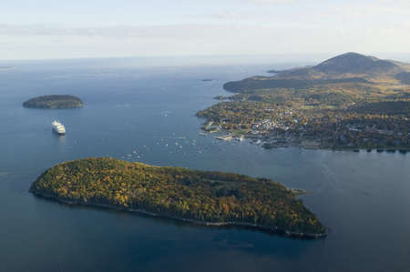 Aerial view of Porcupine Islands, Frenchman Bay and Holland America cruise ship in harbor, Acadia National Park, Maineのeditorial素材