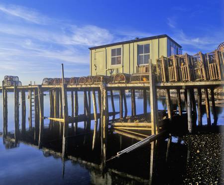 A pier piled with lobster traps stretches out into calm water off Mount Desert Island, Maineのeditorial素材