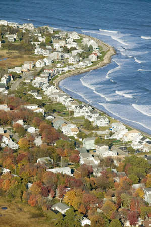 Aerial view of coastline of homes in Ogunquit, Maineのeditorial素材