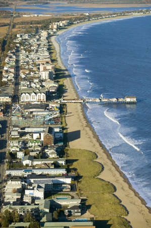 Aerial view of Old Orchard Beach downtown, pier, new hotel and amusement park on Maine Coastline south of Portlandのeditorial素材