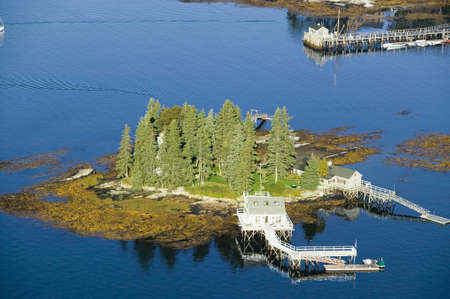 Aerial view of Boothbay Harbor and island on Maine coastlineのeditorial素材