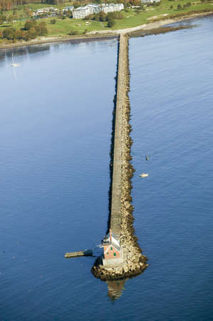 Aerial view of Rockland Lighthouse at end of jetty from the Samoset Resort, Maineのeditorial素材