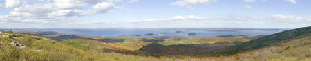 Panoramic autumn view from 1530 foot high Cadillac Mountain with views of the Porcupine Islands, Frenchman Bay and Holland America cruise ship in harbor, Acadia national Park, Maineのeditorial素材
