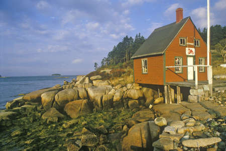 Lobster house on edge of Penobscot Bay in Stonington ME in Autumnのeditorial素材