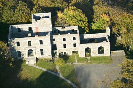Aerial of deserted home on Maine coastline south of Portland
