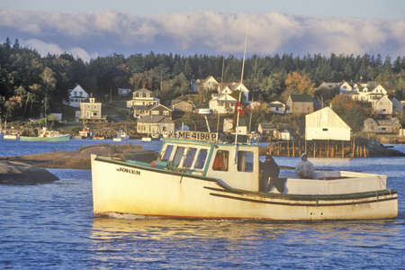 View of boat in harbor in Lobster Village, ME, Mount Desert Islandのeditorial素材