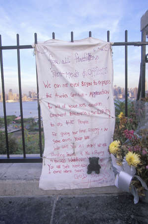 September 11, 2001 Memorial on rooftop looking over Weehawken, New Jersey, New York City, NY