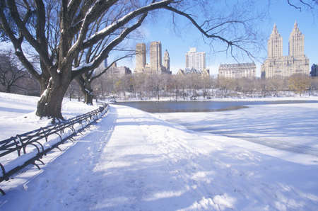 Park benches with snow in Central Park, Manhattan, New York City, NY after winter snowstormのeditorial素材