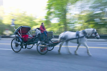 Horse and carriage drives in traffic down Central Park West in Manhattan, New York City, NYのeditorial素材