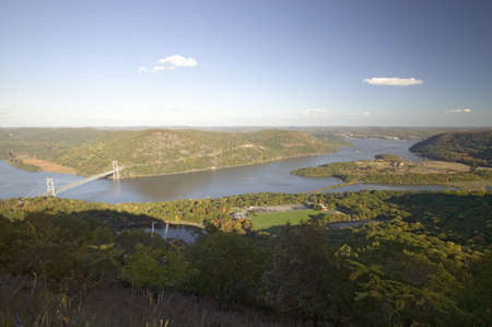 Autumn view overlook at 1300 feet of Bear Mountain Bridge and Hudson Valley and River at Bear Mountain State Park, New Yorkのeditorial素材