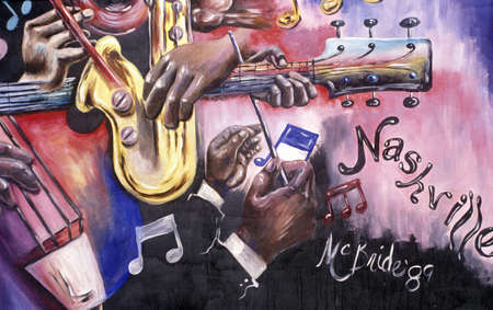 Detail of mural depicting music scene in Nashville, TNのeditorial素材