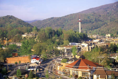 View of downtown Gatlinburg, TN in the Smokey Mountain National Park in springtimeのeditorial素材