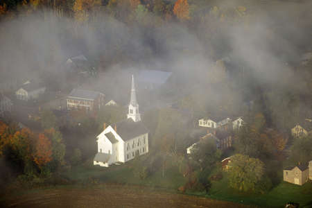 Aerial view of Stowe, VT in Autumn on Scenic Route 100, through fogのeditorial素材