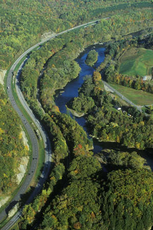 Aerial view of woods near Stowe, VT with river on Scenic Route 100 in autumnのeditorial素材