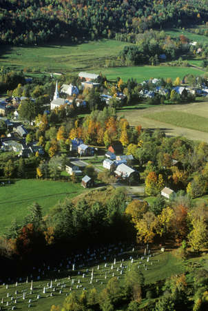 Aerial view of Waitsfield VT and the Mad River on Scenic Route 100 in Autumnのeditorial素材