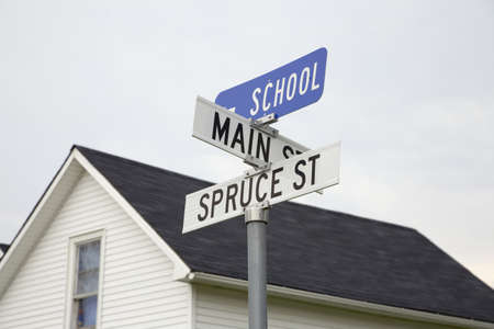 Intersection of Main, Spruce and School streets, Rising City, Nebraskaのeditorial素材