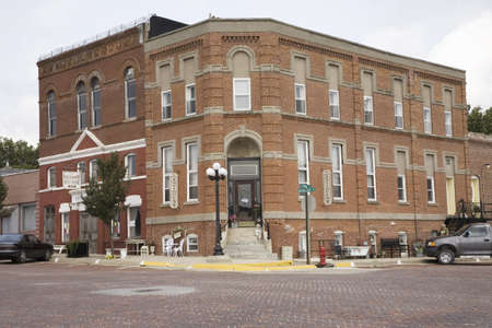 Redbrick storefronts on Main Street of Walnut, Iowaのeditorial素材