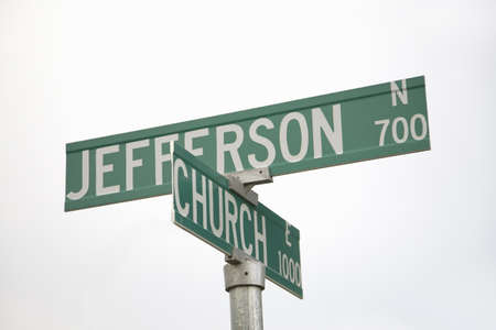 Road signs reading Jefferson & Church - representing Separation of Church and State, Pierre, South Dakotaのeditorial素材