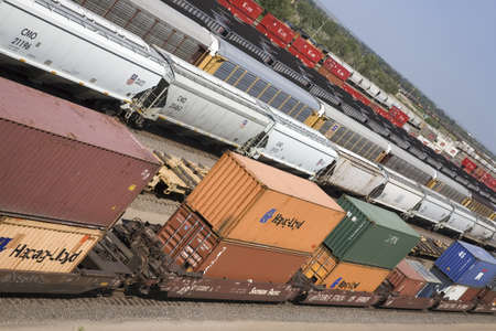 Elevated view of freight cars at Union Pacific's Bailey Railroad Yards, North Platte, Nebraska, the...