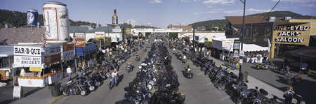 Elevated panoramic view of Main Street with motorcycles lining road at the 67th Annual Sturgis Motorcycle Rally, Sturgis, South Dakota, August 6-12, 2007のeditorial素材