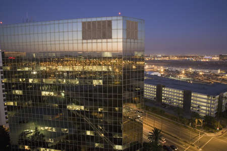 Window reflections at LAX Los Angeles International Airport at sunset, LA, CA 