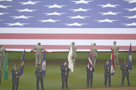 Opening Day Ceremonies featuring gigantic American Flag on March 31, 2008, Citizen Bank Park where...