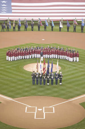 Opening Day Ceremonies featuring military color guard, boys choir and gigantic American Flag on...