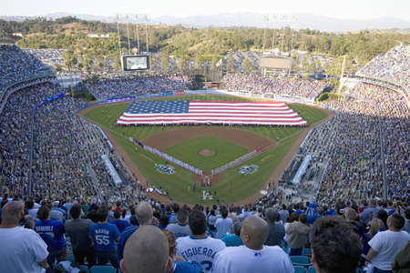 Large American Flag during opening ceremony of National League Championship Series (NLCS), Dodger Stadium, Los Angeles, CA on October 12, 2008のeditorial素材