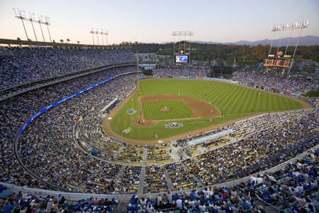 Grandstands overlooking home plate at National League Championship Series (NLCS), Dodger Stadium, Los Angeles, CA on October 12, 2008のeditorial素材
