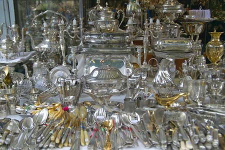 Silverware and silver items for sale at Flea Market, Paris, Franceのeditorial素材