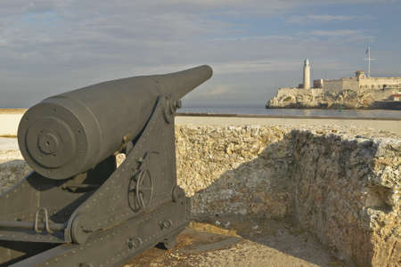 Cannon and sentry tower at El Morro Fort, Castillo del Morro, in Havana, Cubaのeditorial素材