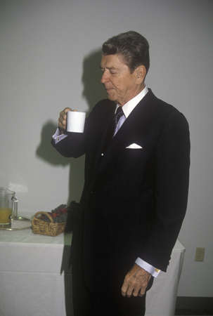 President Ronald Reagan taking a coffee breakのeditorial素材