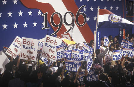 Enthusiastic delegates wave their signs supporting Bob Dole and Jack Kemp at the 1996 Republican National Convention in San Diego, Californiaのeditorial素材