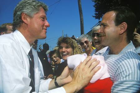 Governor Bill Clinton greets a supporter during the Clinton/Gore 1992 Buscapade Great Lakes campaign tourのeditorial素材