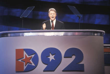 Bill Clinton gives his nomination speech at the Presidential celebration of the 1992 Democratic Convention in Madison Square Garden, Manhattan, New York  のeditorial素材