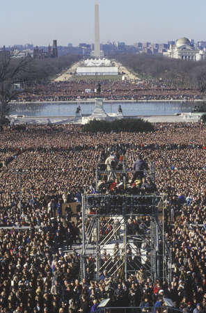Camera stands and crowd on Bill Clinton's Inauguration Day January 20, 1993 in Washington, DC