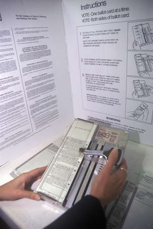 Close-up of a voting booth and ballot machine with ballot , CA