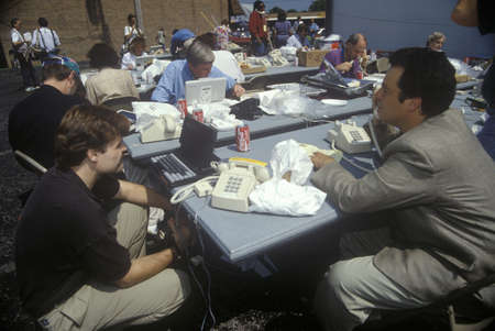 Clinton/Gore campaign staff working during B77 Buscapade Tour of the Northeast region, 1992