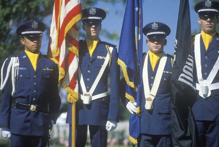 Soldiers Holding Flags, Memorial Day, Veteran's National Cemetery, Los Angeles, Californiaのeditorial素材
