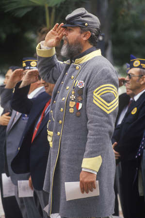 Man Dressed as Civil War Soldier Saluting, Veteran's National Cemetery, Los Angeles, California