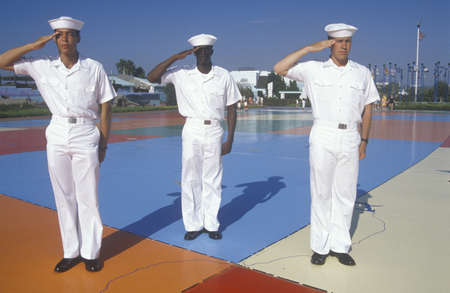 Three American Sailors Standing on Map of the United States,Sea World, San Diego, Californiaのeditorial素材