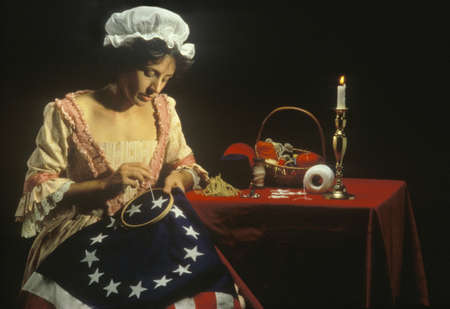 Living history reenactment of Betsy Ross making of first American flag, Philadelphia, Pennsylvaniaのeditorial素材