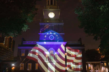 Projections of Betsy Ross Flag on outside of Independence Hall, Philadelphia, Pennsylvaniaのeditorial素材