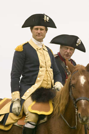 General George Washington and Major General Benjamin Lincoln confer before march to Surrender Road at the 225th Anniversary of the Victory at Yorktown, a reenactment of the siege of Yorktown, where General George Washington commanded 17,600 American troopのeditorial素材