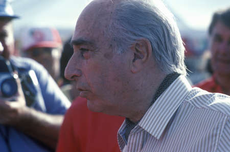 A famous Argentines-Italian car driver, Fangio, participates at the 35th Pebble Beach, California Concours vintage car show, ca. 1985のeditorial素材