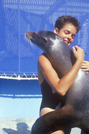 Trainer and Sea Lion, Magic Mountain, Los Angeles, CAのeditorial素材
