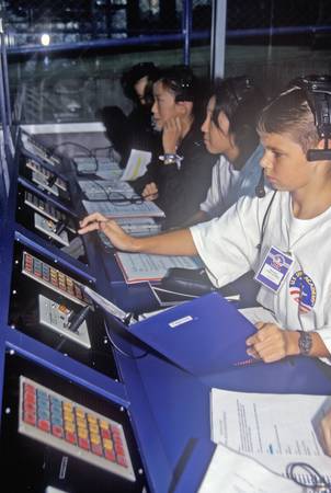 Children at educational Space Shuttle display at Space Camp, George C. Marshall Space Flight Center,...
