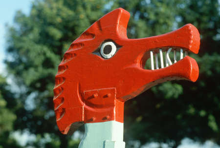 Metal sculptured head of a red seahorse in a children's playground, Garden Grove, CAのeditorial素材